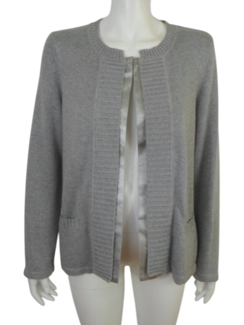 Jones New York Signature Gray Heather Knit Open Cardigan Satin Ribbed Trim